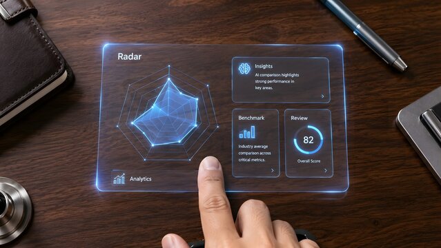 A person interacting with a futuristic transparent tablet displaying advanced data visualization charts and digital business analytics metrics
