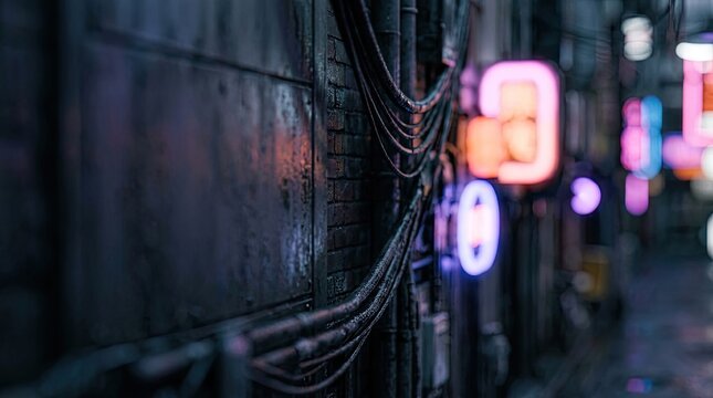 Futuristic cyberpunk city street with glowing neon lights and a wet, textured wall.