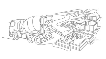Obraz premium Continuous line drawing of a concrete mixer truck pouring cement into a building foundation.