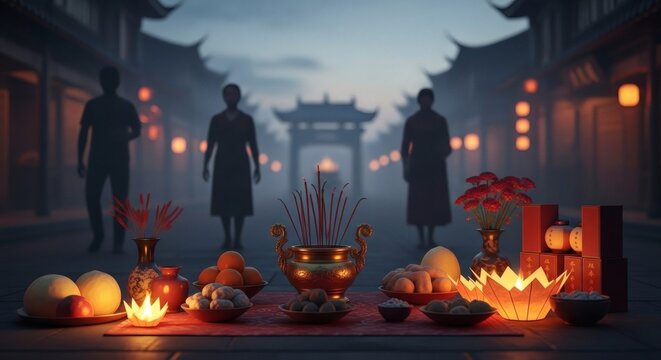 Night Temple Street with Lanterns &ndash; Atmospheric Asian Festival Background for Event Promotion