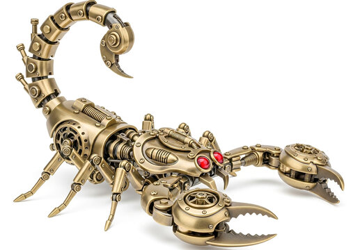 Mechanical metal scorpion robot with glowing red eyes