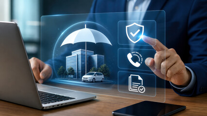 Fototapeta premium Business Insurance Manager Using Holographic Property Vehicle and Claim Protection Dashboard