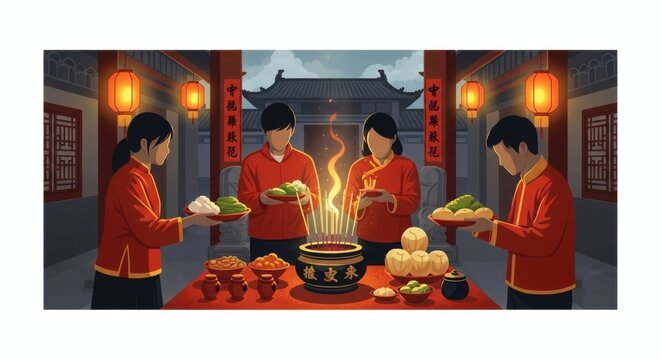 Traditional Family Dinner During Lantern Festival &ndash; Cultural Heritage Celebration Illustration