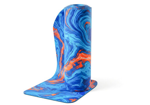 Blue and orange marble pattern yoga mat rolled up