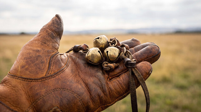 Close-up of a weathered leather falconry glove holding traditional brass jingle bells in a rural meadow
