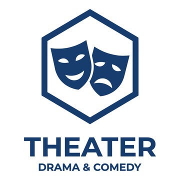 Theater drama comedy logo with masks in hexagon frame icon