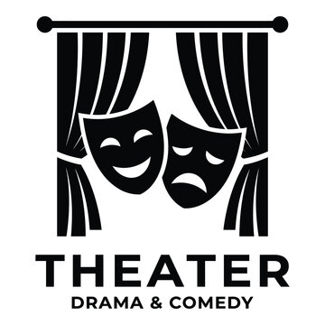 Theater drama comedy masks icon with curtains  performing arts symbol icon