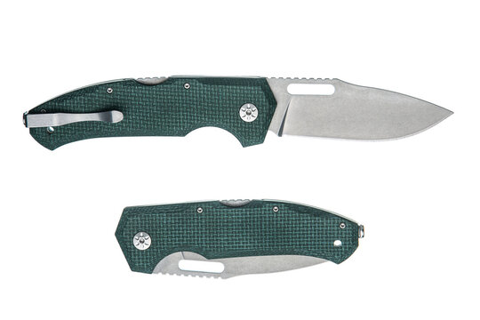 Modern folding pocket knife isolated set