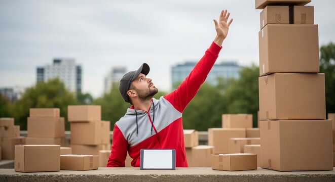 Delivery man reaching for a tall stack of cardboard boxes, working outdoors with a tablet on a table