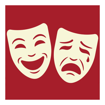 Theatrical comedy and tragedy masks on red background  drama and humor symbols icon