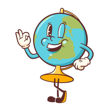 Groovy Earth Globe Retro School Character Illustration Cartoon Education Planet Map Model Personage Smiling. Vector Funny Geography Mapping Mascot Template. Happy Vintage Cool Illustration Isolated