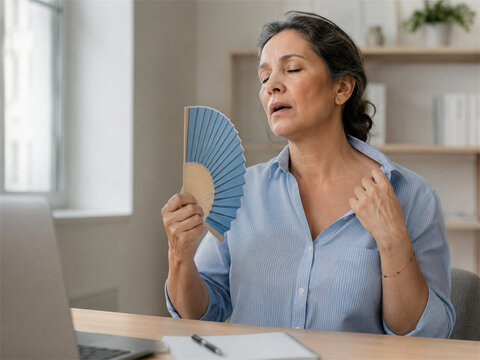 Mature woman experiences a hot flash at home while using a folding fan and touching her chest showing menopause symptoms heat discomfort health awareness and midlife wellbeing in a bright room