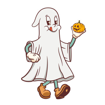 Halloween Groovy Ghost with Pumpkin Retro Character Illustration. Cartoon Personage Walking with Jack O Lantern. Vector Autumn Holiday Mascot Template. Happy Vintage Cool Doodle Drawing Isolated