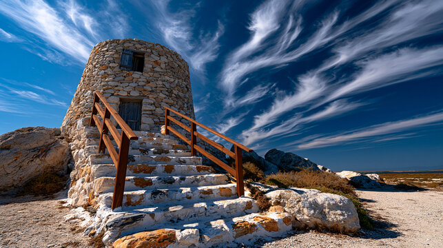 Stone watchtower building with wooden stairs under blue sky clear sky building exterior