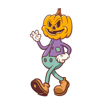 Halloween Groovy Pumpkin Retro Character. Cartoon Jack O Lantern Walking and Smiling. Vector Autumn Holiday Mascot Template. Happy Vintage Cool Illustration Isolated
