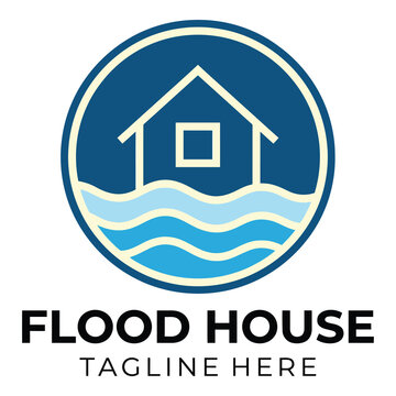 Blue and white flood house logo with waves and house in circle icon