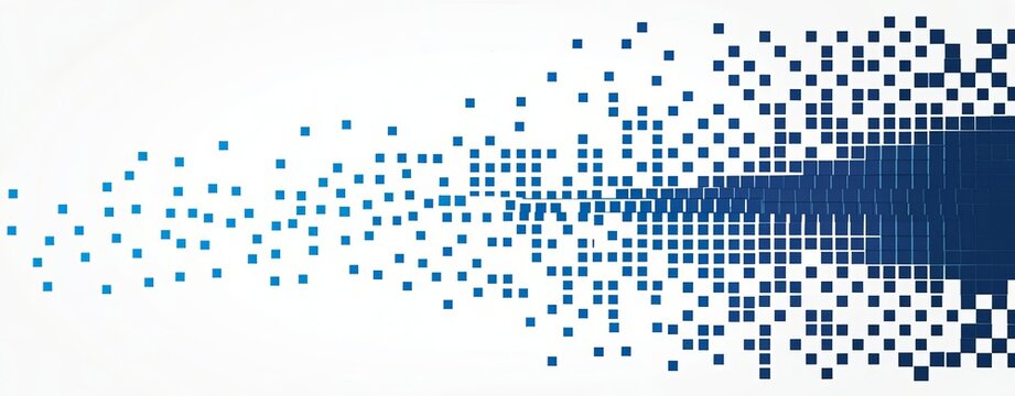 Abstract background, featuring blue square, pixels dissolving into, a white space, creating a digital, dispersion or data, disintegration effect with, a clean, minimalist
