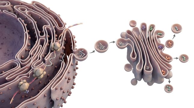 3D educational diagram of the cellular secretory pathway from the rough endoplasmic reticulum to the Golgi apparatus.