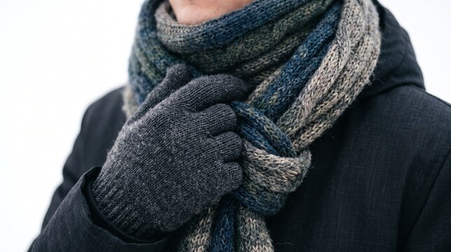 Close-up of a person adjusting a knitted scarf and wearing gloves in winter setting