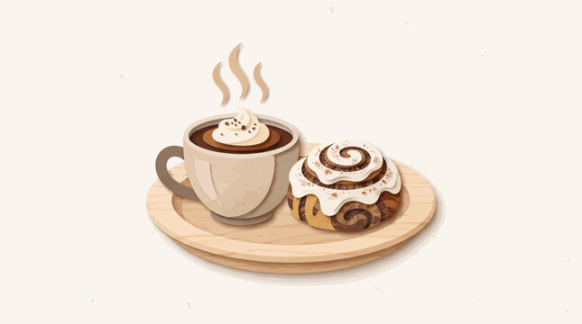 a hot coffee with sweet cinnamon roll cake in a plate