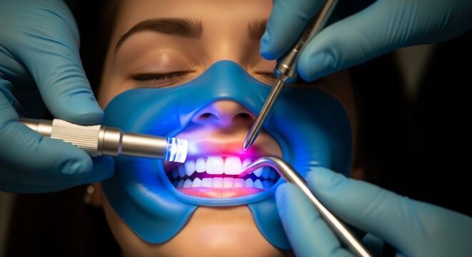 Dental procedure with blue light treatment and saliva ejector for oral care and teeth whitening at the dentist's office