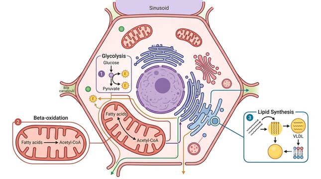 Educational infographic diagram of cellular metabolism in a hepatocyte showing glycolysis, beta-oxidation, and lipid synthesis.