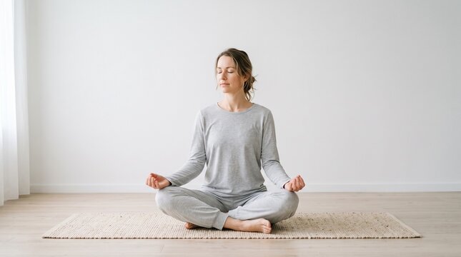 Woman meditating peacefully in lotus pose on a mat at home