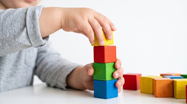 Close-up of a child's hands stacking colorful wooden blocks on a white table