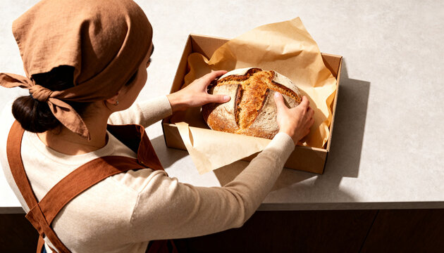 Female baker packing fresh artisan sourdough bread into kraft paper box with baking paper, handcrafted bakery packaging and sustainable food presentation
