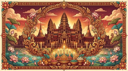 Fototapeta premium Majestic temple landscape with lotus flowers and golden frame