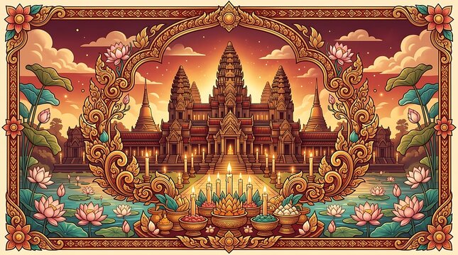 Majestic temple landscape with lotus flowers and golden frame