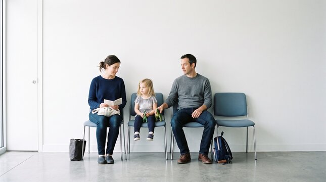 Family waiting together in a modern, minimalistic waiting room