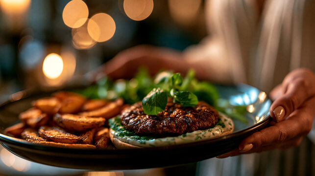 Grilled burger patty with potato wedges on a serving plate held by a person