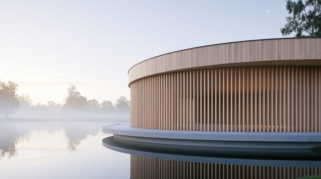 Modern lakeside retreat with curved wooden facade for wellness tourism and luxury hospitality marketing