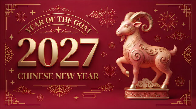 2027 chinese new year greeting card featuring a golden goat statue on a red background