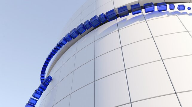 Futuristic curved facade with blue modular details for technology advertising and corporate website design