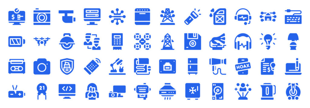 Blue technology and household appliance glyph icon set for web and app design