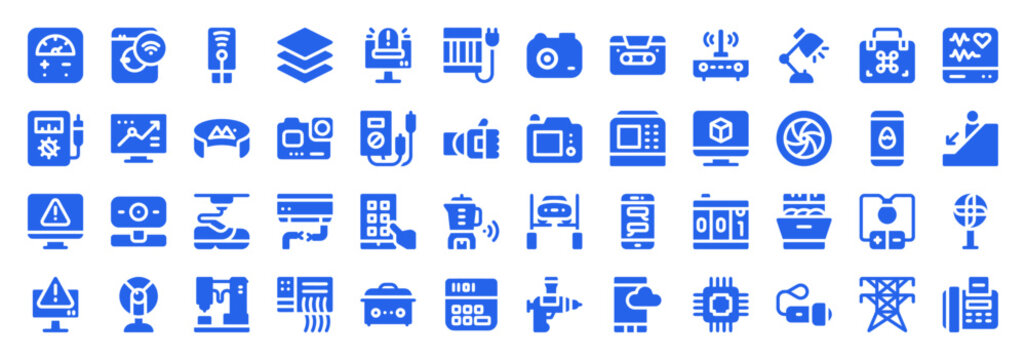 Set of blue vector icons showing electronic measuring tools, industrial hardware, and smart home monitoring systems