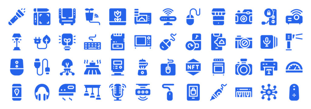 Blue vector icon set for smart home automation, kitchen appliances, and computer peripherals on a white background