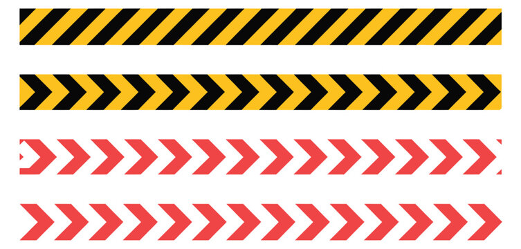 Barricade tape vector, caution warning stripes in red, white, black, and yellow seamless pattern for safety design.