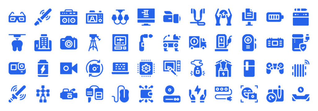 Blue vector icon set featuring electronic hardware, energy solutions, gaming peripherals, and various digital gadgets