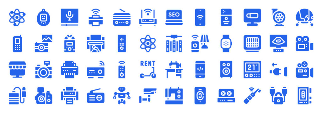 Comprehensive collection of blue vector icons depicting digital gadgets, office equipment, and communication devices