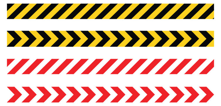Barricade tape vector, caution warning stripes in red, white, black, and yellow seamless pattern for safety design.