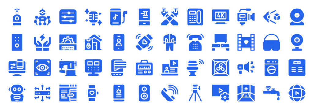 Collection of blue vector icons representing multimedia devices, communication tools, and modern electronic hardware