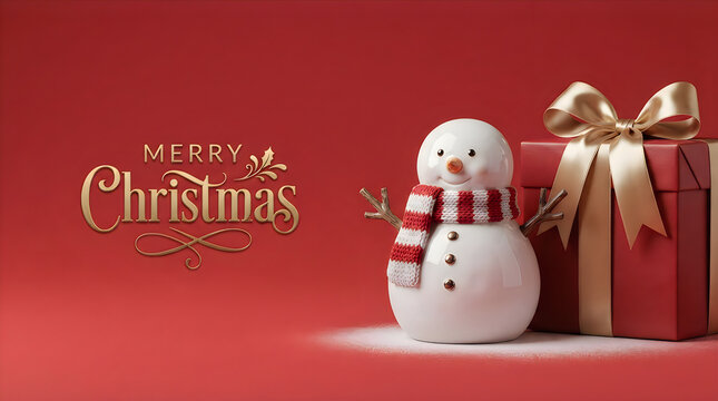 Cute snowman with a red scarf and a large gift box on a festive red background for merry christmas