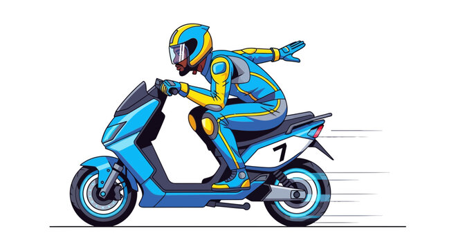 Stylized Motorcycle Racer in Dynamic Action Pose with Speed Lines