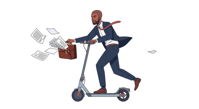 Professional Man Riding Electric Scooter with Documents and Briefcase