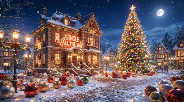 Cozy christmas village scene with decorated tree and jingle all the way sign at night