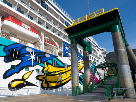 Ketchikan, Alaska, USA - June 1, 2022: Norwegian Jewel cruise liner docked at Ward Cove cruise ship terminal in Ketchikan