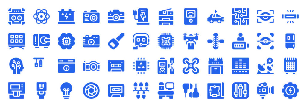 Blue hardware and electronic components icon set featuring cameras and drones